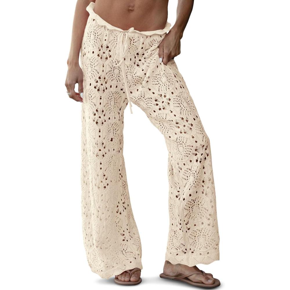 imageSaodimallsu Womens Crochet Swimsuit Coverup Pants High Waisted Drawstring Sexy Sheer Mesh Knit Wide Leg Beach PantsBeige