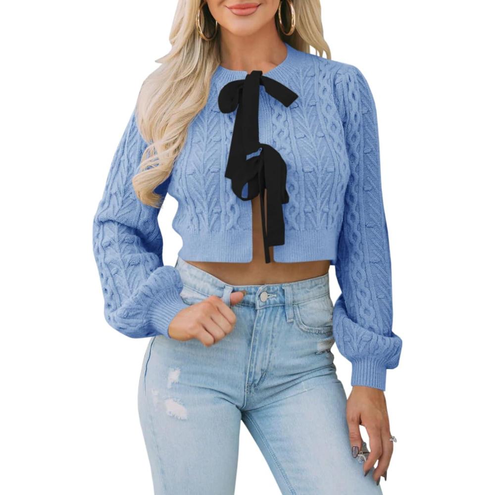 imageSaodimallsu Womens Cropped Cable Knit Cardigan Sweaters Long Sleeve Bow Tie Front Crew Neck Chunky Sweater TopsBlue