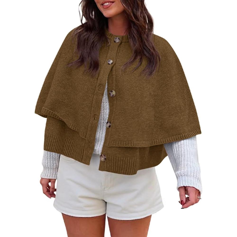 imageSaodimallsu Womens Cropped Cape Cardigan Button Up Crew Neck Jacket Shawl Fall Trendy Knit SweaterCoffee