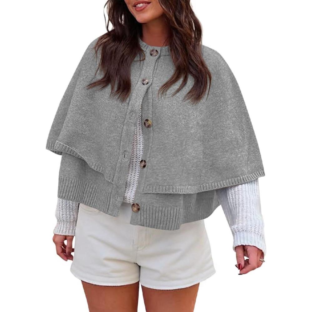 imageSaodimallsu Womens Cropped Cape Cardigan Button Up Crew Neck Jacket Shawl Fall Trendy Knit SweaterGrey