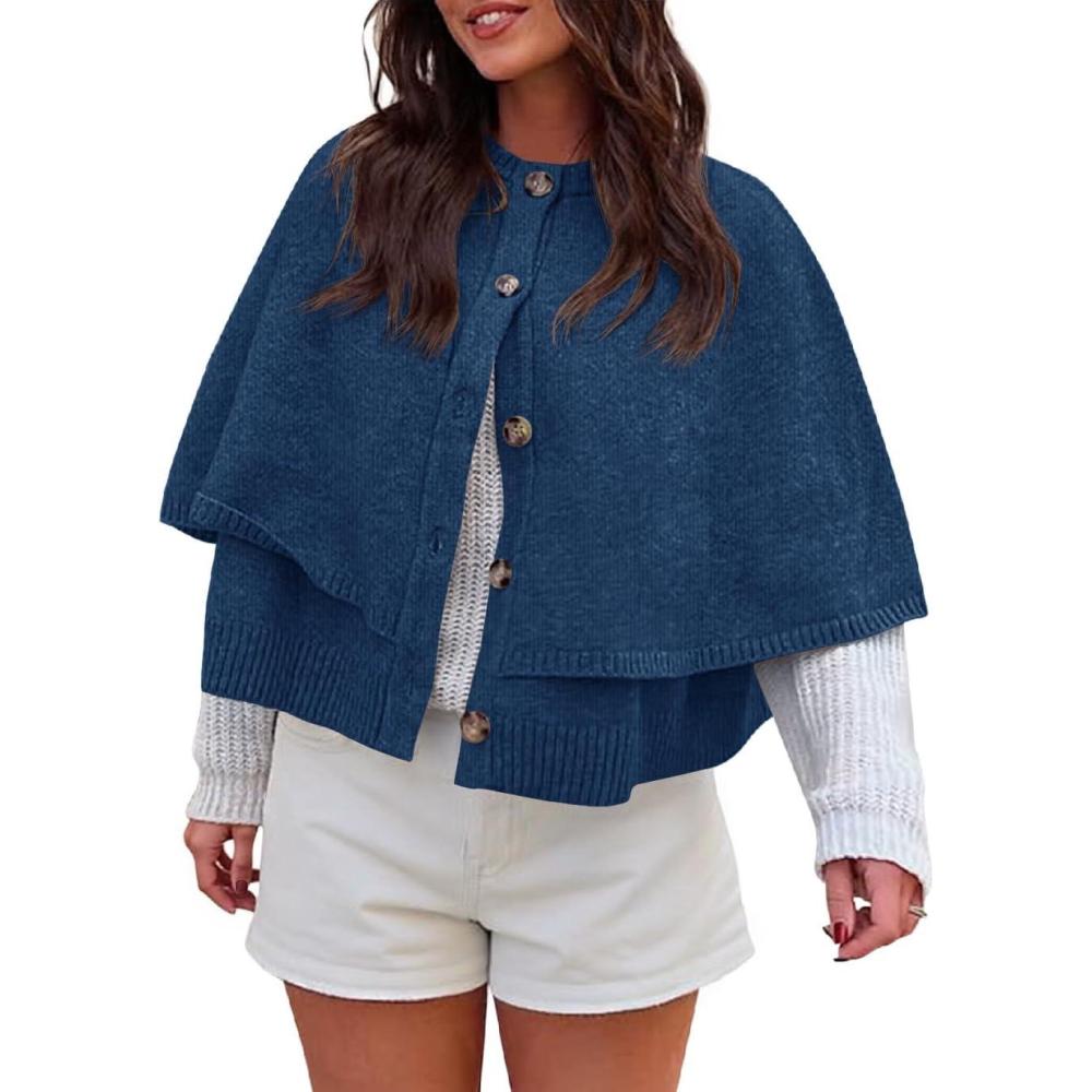 imageSaodimallsu Womens Cropped Cape Cardigan Button Up Crew Neck Jacket Shawl Fall Trendy Knit SweaterNavy