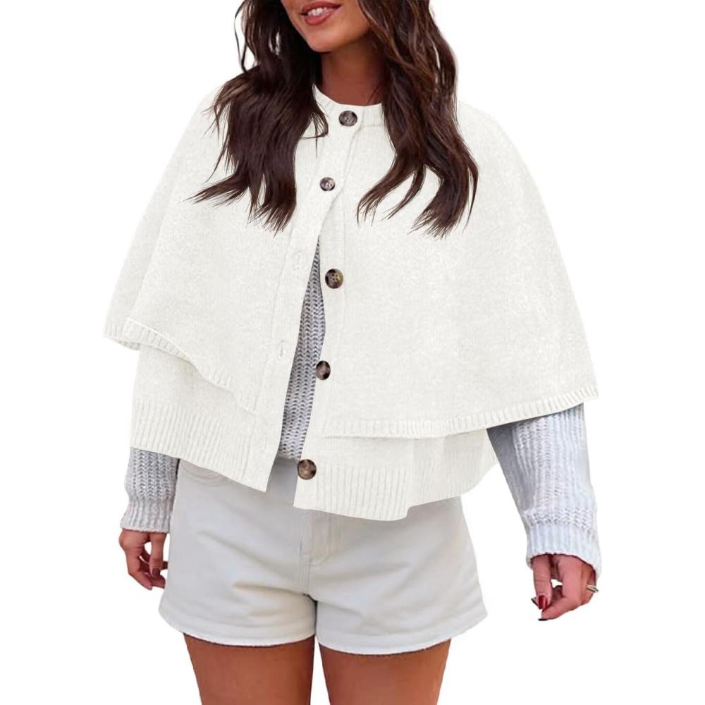 imageSaodimallsu Womens Cropped Cape Cardigan Button Up Crew Neck Jacket Shawl Fall Trendy Knit SweaterWhite