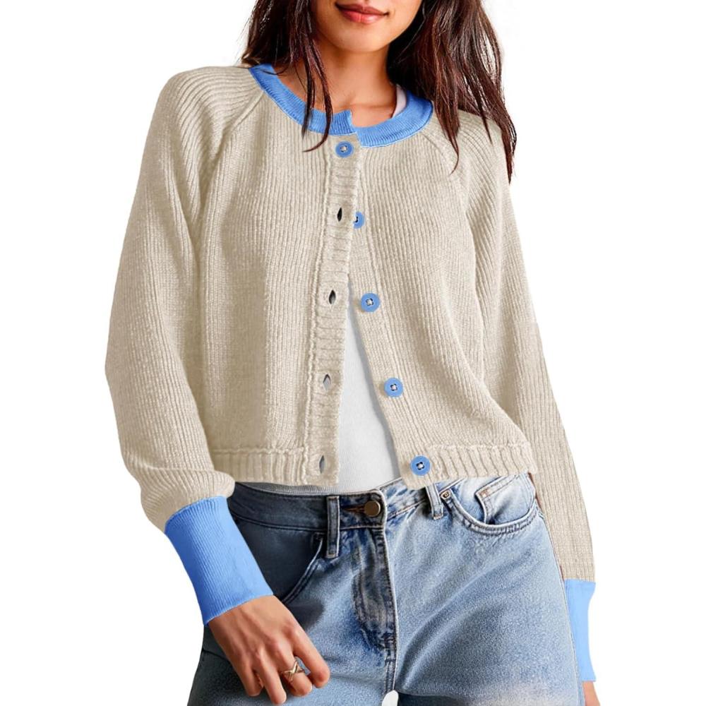 imageSaodimallsu Womens Cropped Cardigan Sweaters Button Down Open Front Long Sleeve Fall Trendy Color Block Knit CoatsApricot
