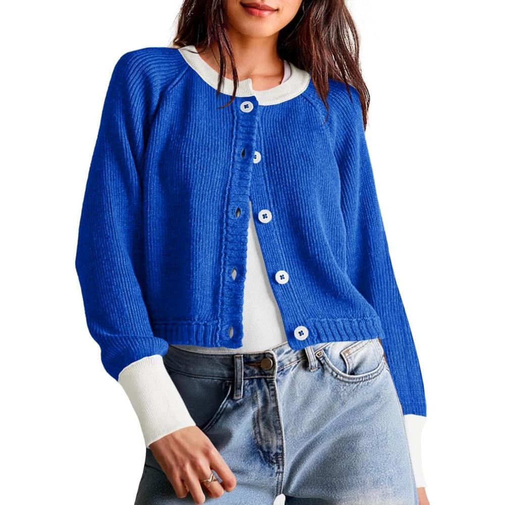 imageSaodimallsu Womens Cropped Cardigan Sweaters Button Down Open Front Long Sleeve Fall Trendy Color Block Knit CoatsBlue