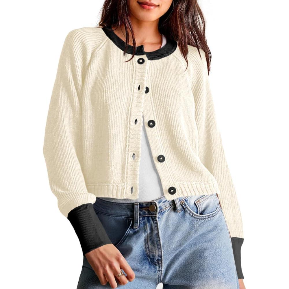 imageSaodimallsu Womens Cropped Cardigan Sweaters Button Down Open Front Long Sleeve Fall Trendy Color Block Knit CoatsWhite