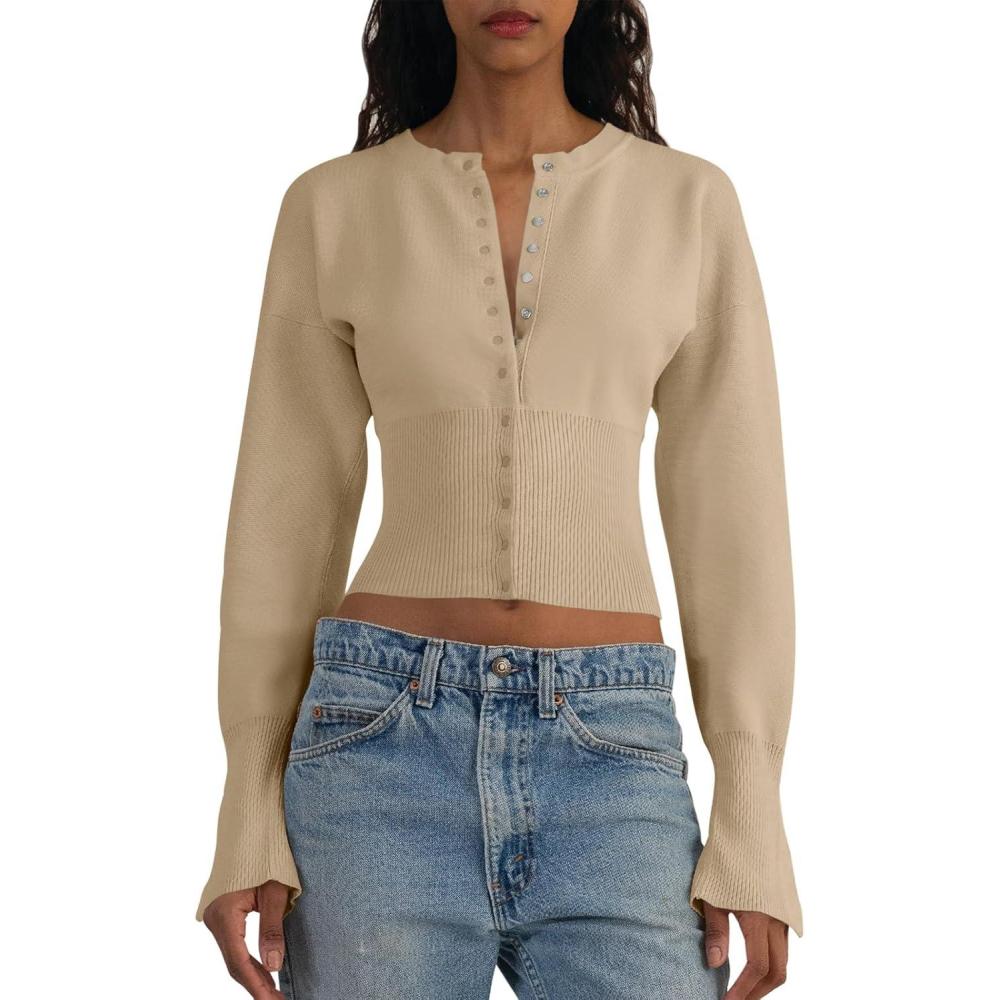 imageSaodimallsu Womens Cropped Sweaters Button Down Long Sleeve V Neck Ribbed Knit Slim Fit Pullover Crop TopsApricot