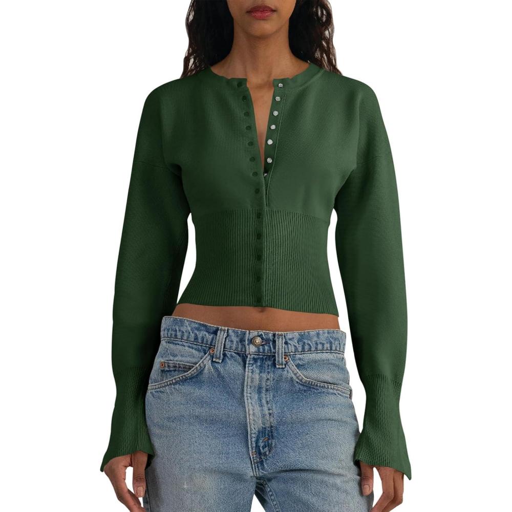 imageSaodimallsu Womens Cropped Sweaters Button Down Long Sleeve V Neck Ribbed Knit Slim Fit Pullover Crop TopsArmy Green