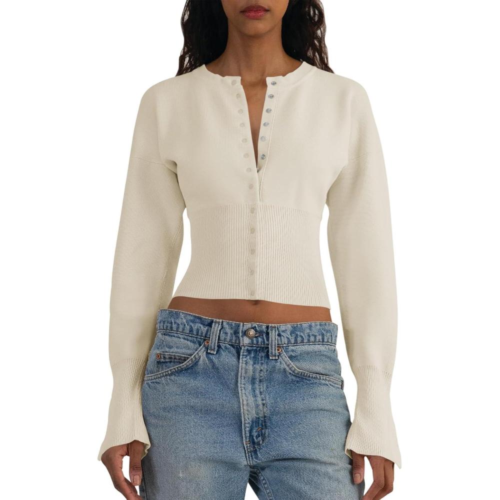 imageSaodimallsu Womens Cropped Sweaters Button Down Long Sleeve V Neck Ribbed Knit Slim Fit Pullover Crop TopsBeige