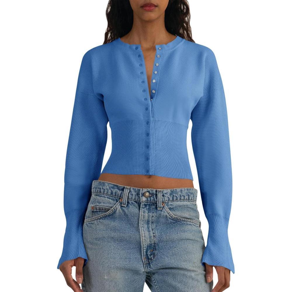 imageSaodimallsu Womens Cropped Sweaters Button Down Long Sleeve V Neck Ribbed Knit Slim Fit Pullover Crop TopsBlue