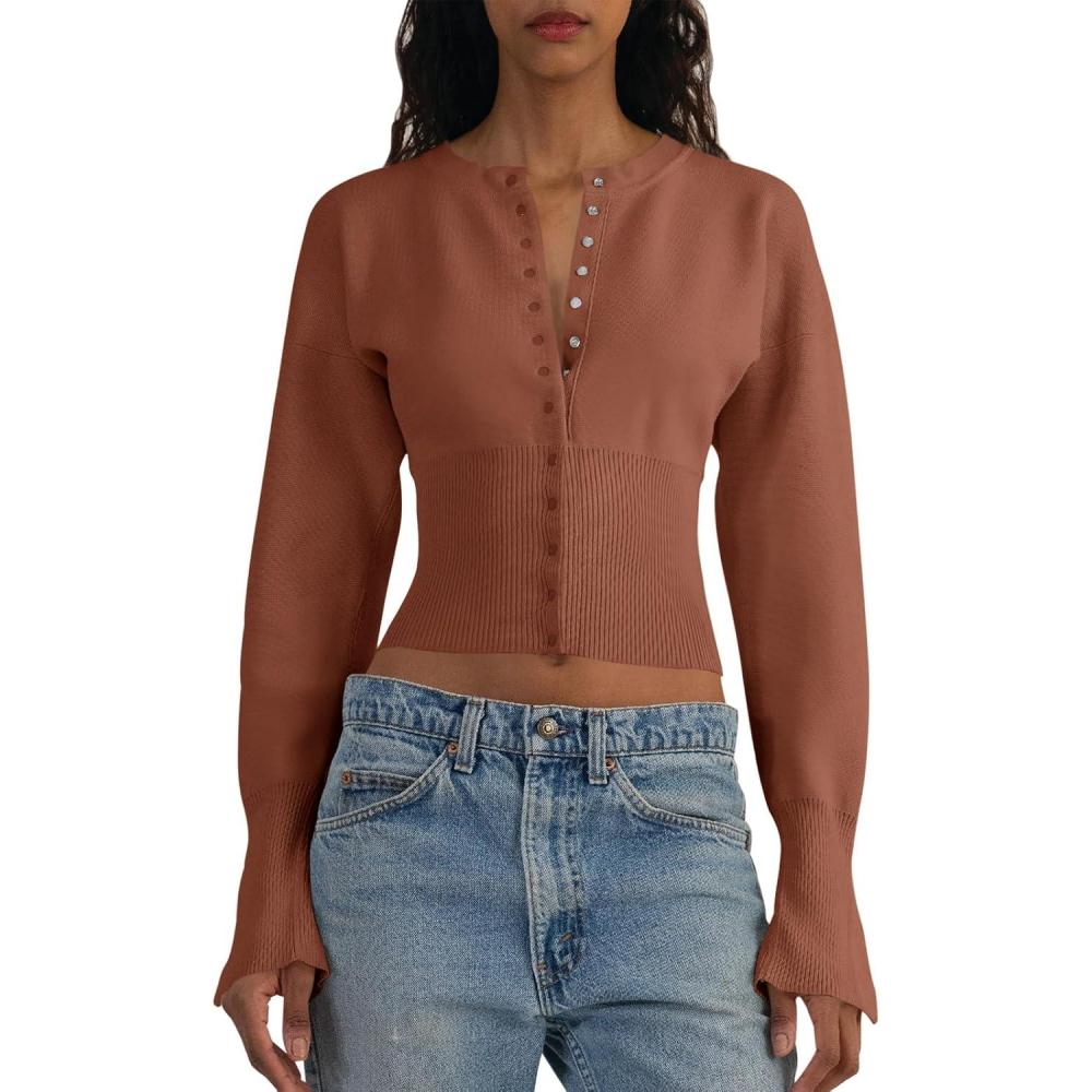 imageSaodimallsu Womens Cropped Sweaters Button Down Long Sleeve V Neck Ribbed Knit Slim Fit Pullover Crop TopsBrick Red