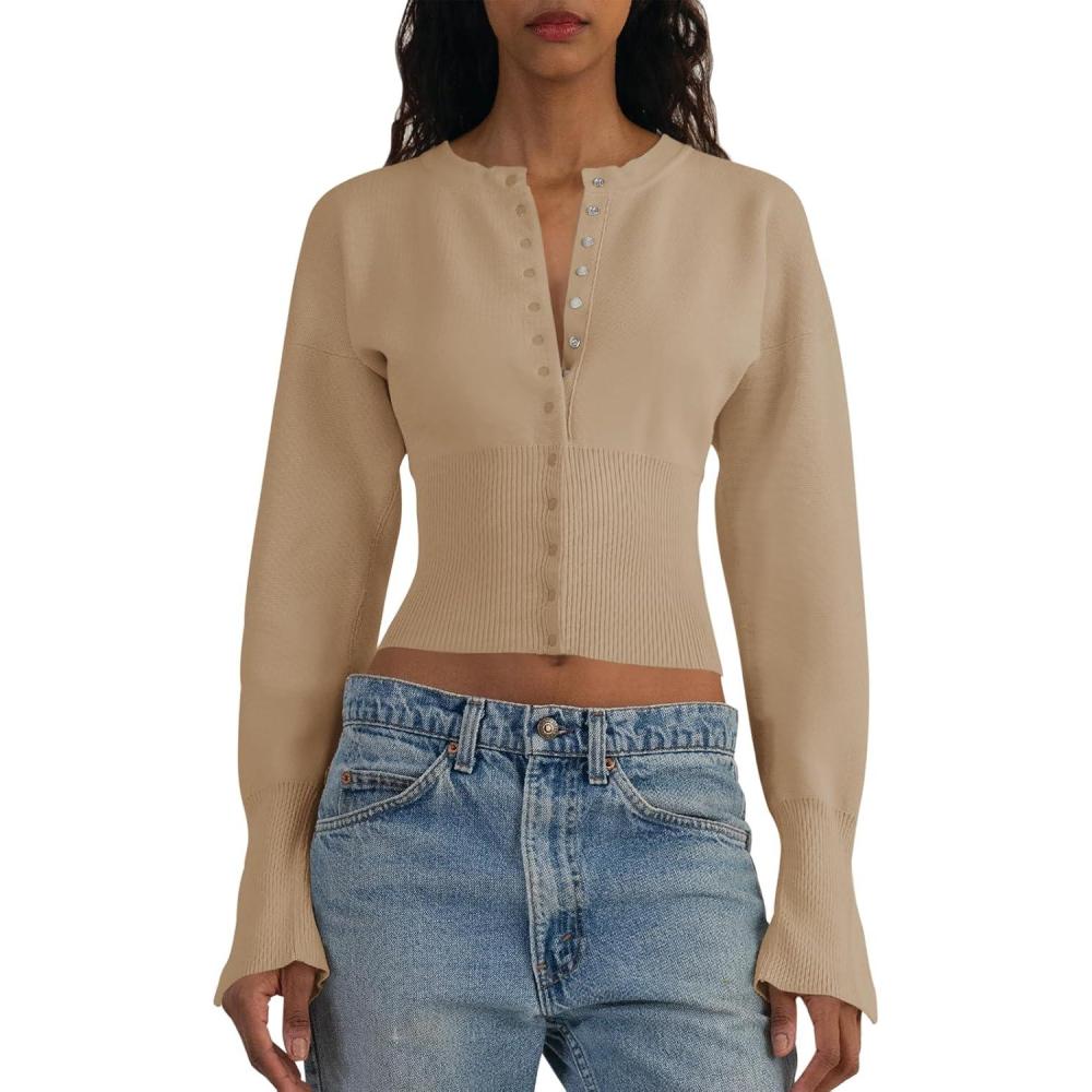 imageSaodimallsu Womens Cropped Sweaters Button Down Long Sleeve V Neck Ribbed Knit Slim Fit Pullover Crop TopsCamel