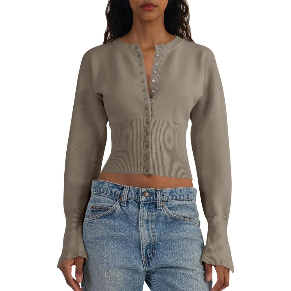 imageSaodimallsu Womens Cropped Sweaters Button Down Long Sleeve V Neck Ribbed Knit Slim Fit Pullover Crop TopsDark Khaki