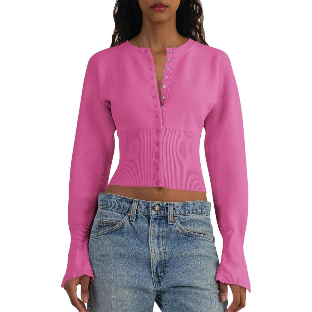 imageSaodimallsu Womens Cropped Sweaters Button Down Long Sleeve V Neck Ribbed Knit Slim Fit Pullover Crop TopsPink
