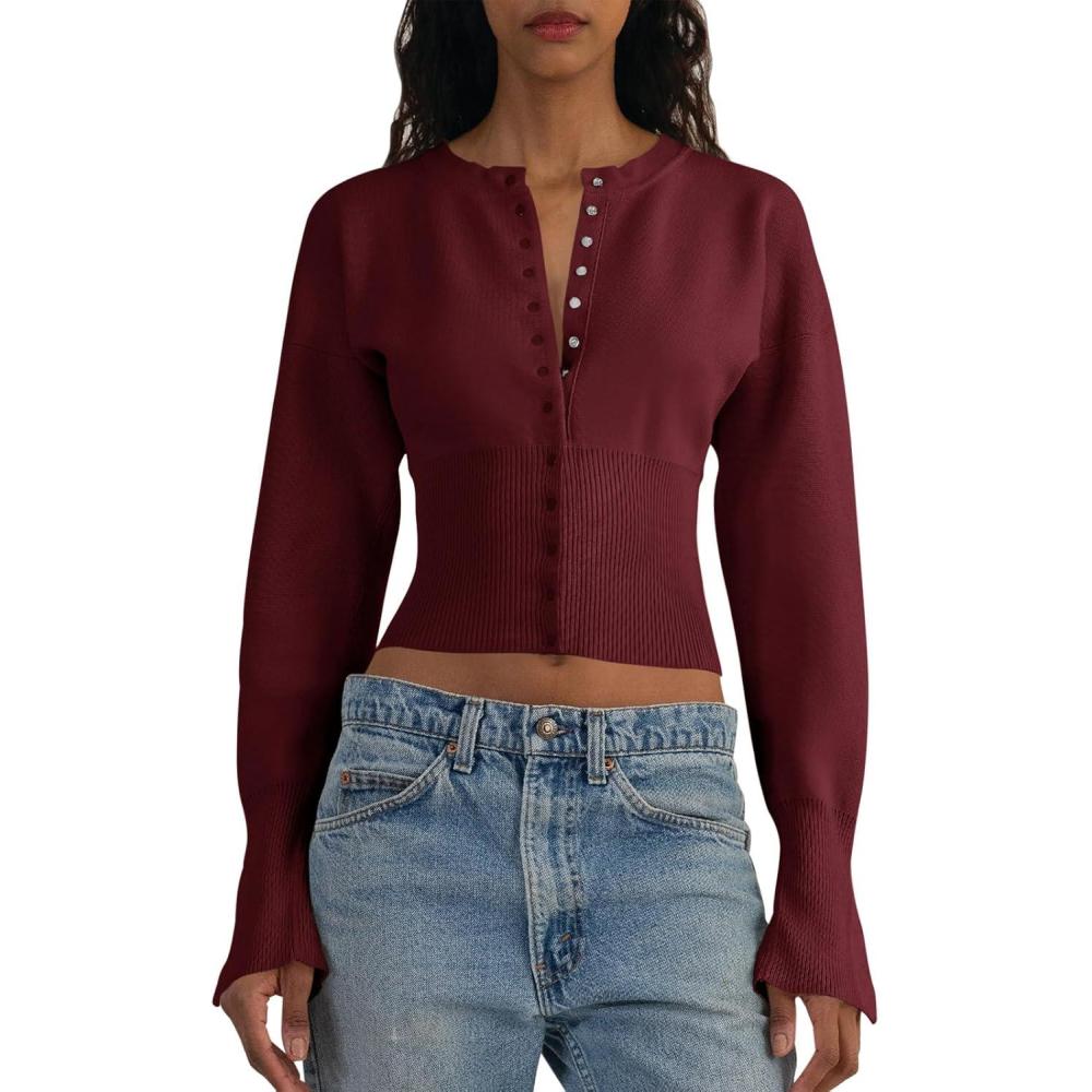 imageSaodimallsu Womens Cropped Sweaters Button Down Long Sleeve V Neck Ribbed Knit Slim Fit Pullover Crop TopsWine Red