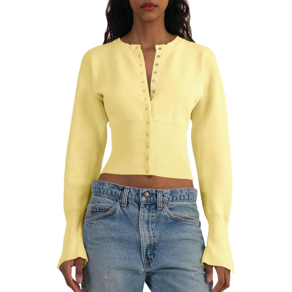 imageSaodimallsu Womens Cropped Sweaters Button Down Long Sleeve V Neck Ribbed Knit Slim Fit Pullover Crop TopsYellow