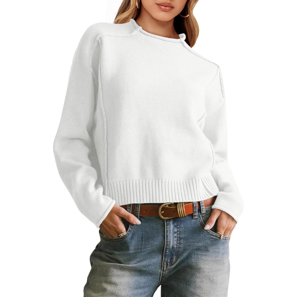 imageSaodimallsu Womens Cropped Sweaters Long Sleeve Mock Neck Soft Knit Casual Loose Fit Fall Pullover Sweater TopsWhite