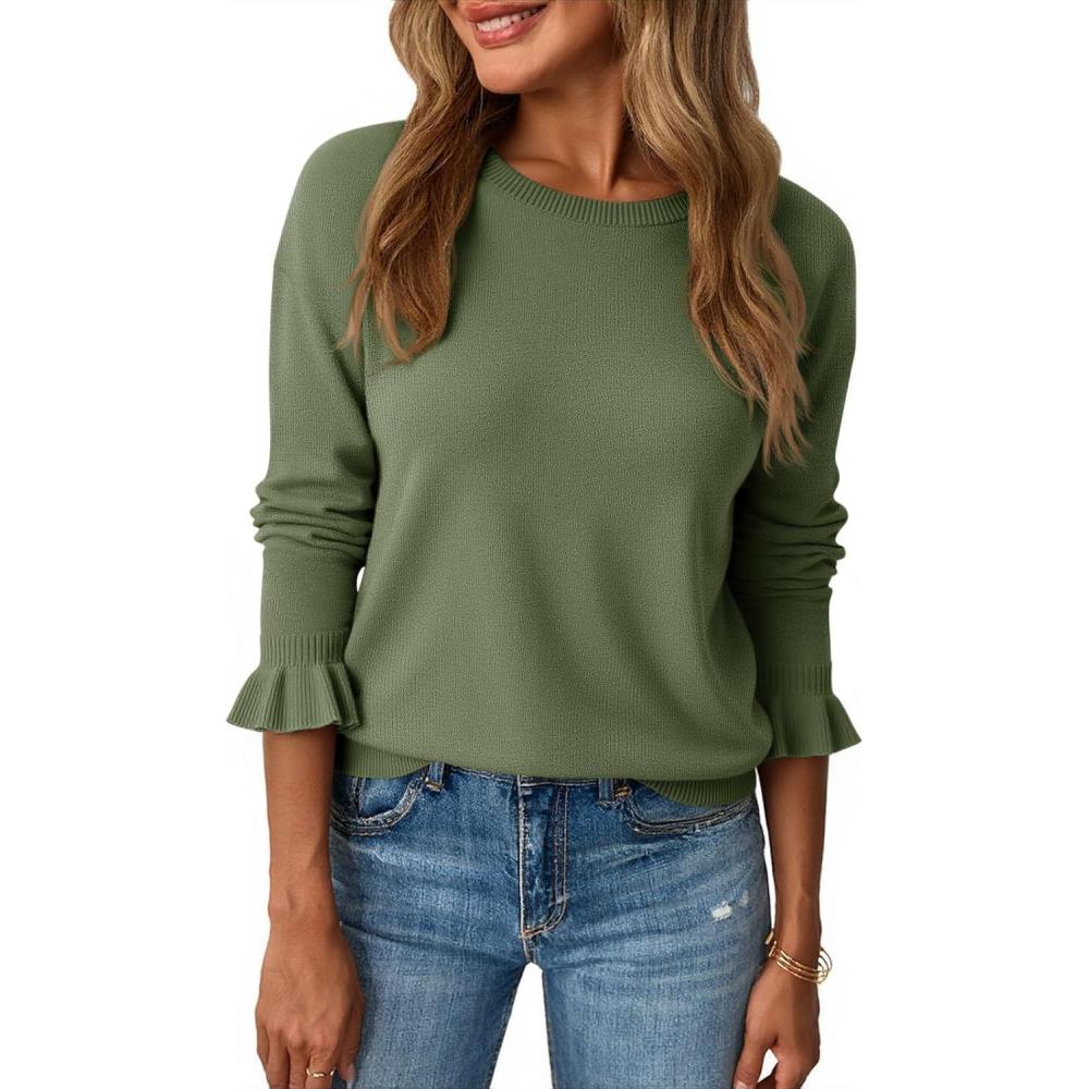 imageSaodimallsu Womens Fall Crew Neck Sweaters Ruffle Long Sleeve Lightweight Soft Knit Casual Pullover TopArmy Green
