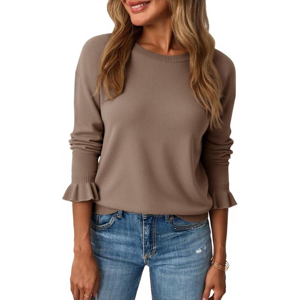 imageSaodimallsu Womens Fall Crew Neck Sweaters Ruffle Long Sleeve Lightweight Soft Knit Casual Pullover TopDark Khaki