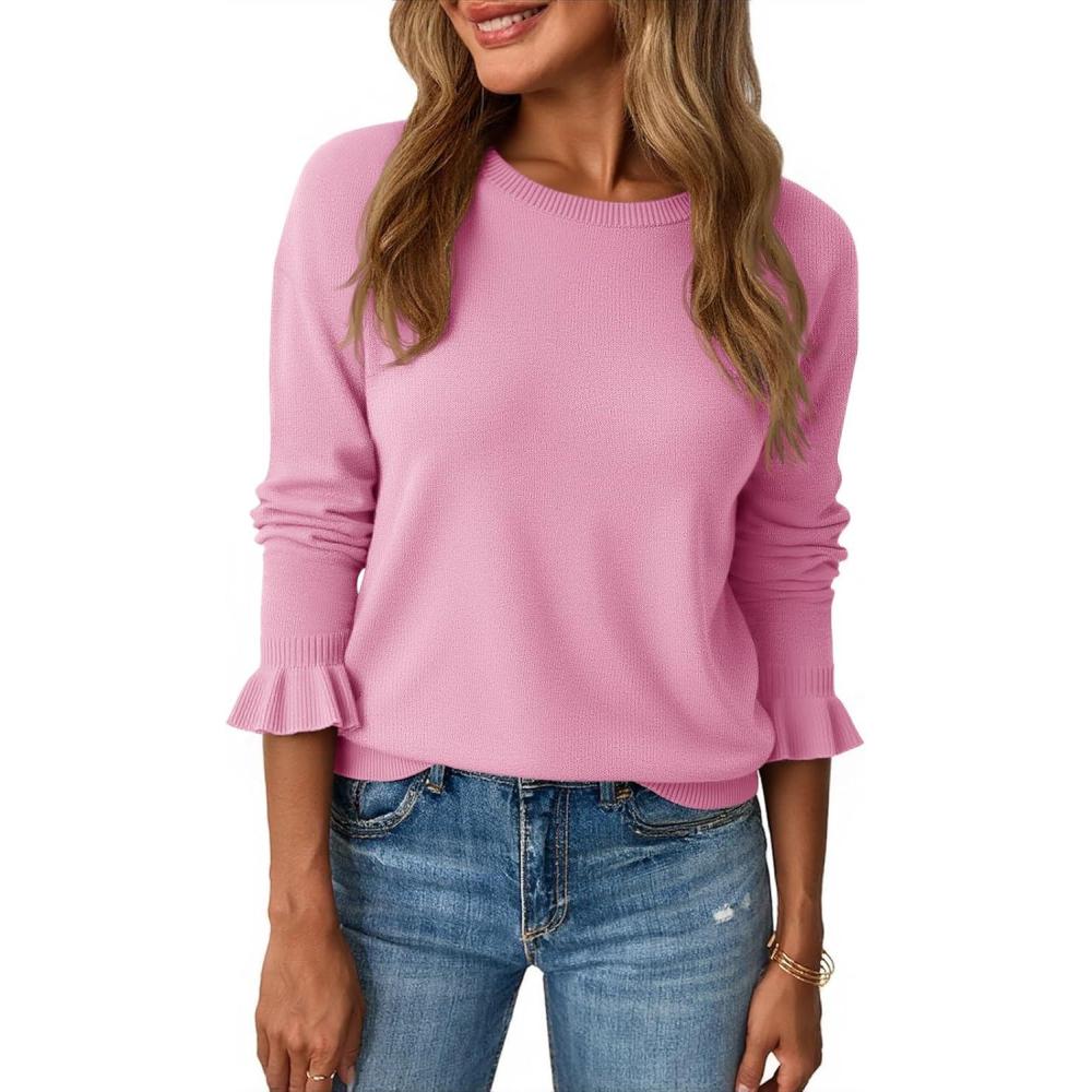 imageSaodimallsu Womens Fall Crew Neck Sweaters Ruffle Long Sleeve Lightweight Soft Knit Casual Pullover TopPink