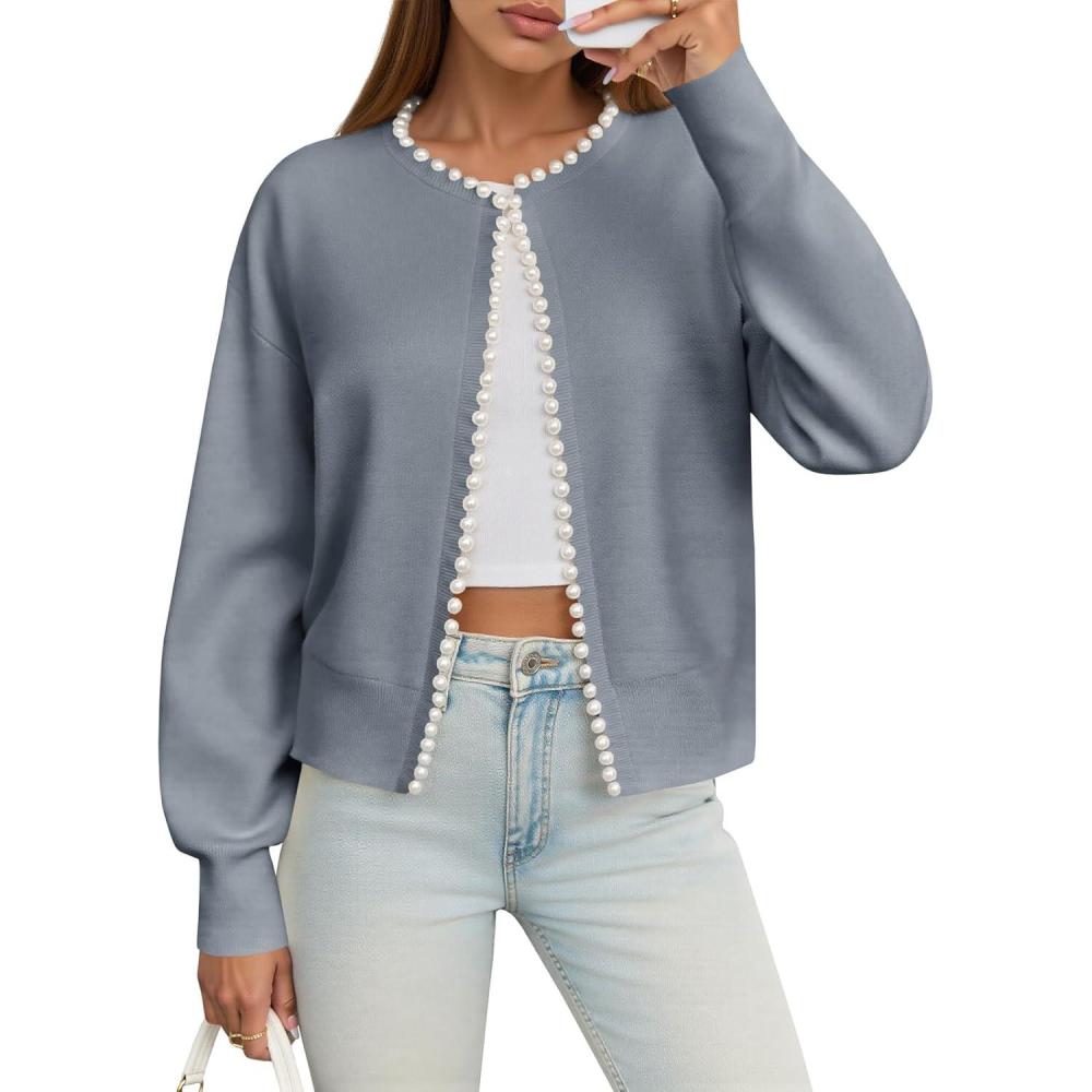 imageSaodimallsu Womens Fall Open Front Cardigan Sweaters Pearl Long Sleeve Knit Tops Crewneck Dressy Casual Sweater JacketGrey