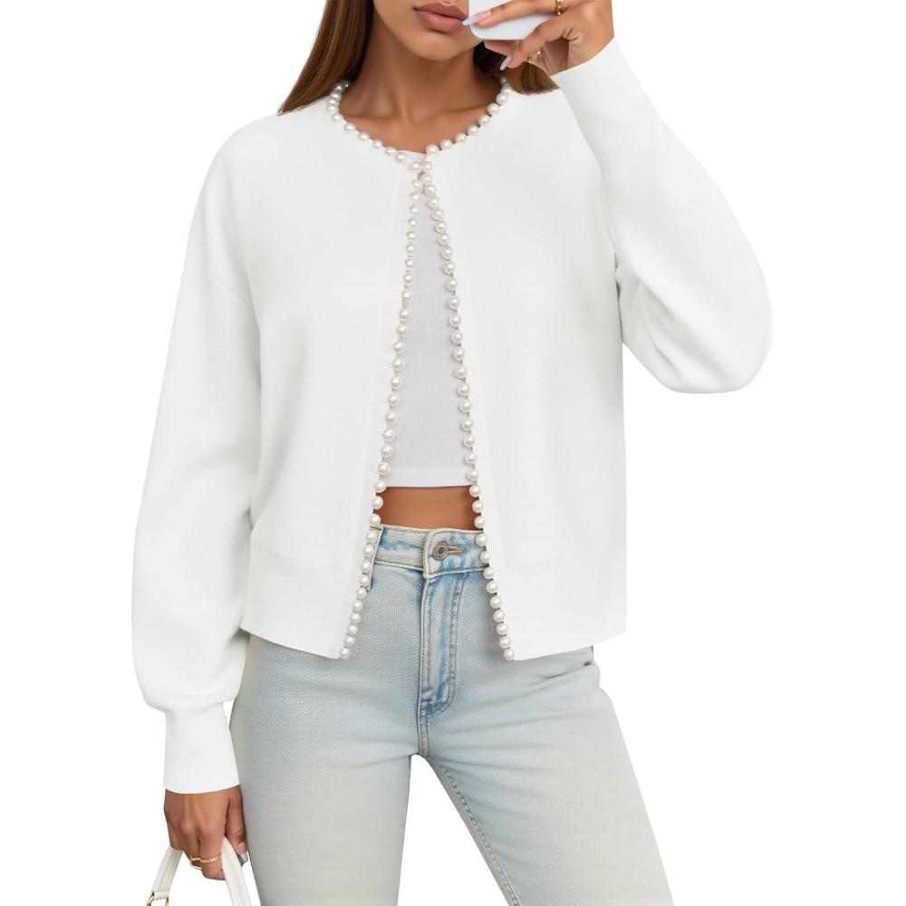 imageSaodimallsu Womens Fall Open Front Cardigan Sweaters Pearl Long Sleeve Knit Tops Crewneck Dressy Casual Sweater JacketWhite