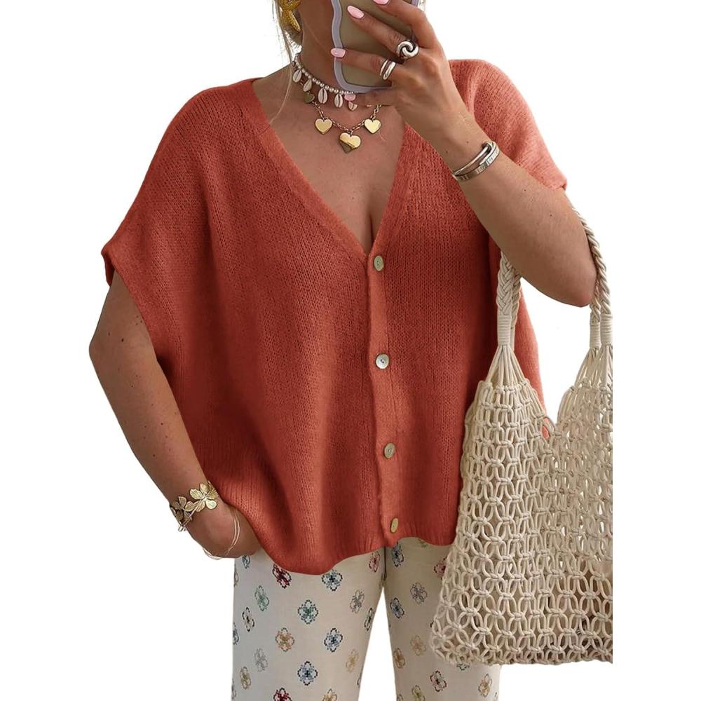 imageSaodimallsu Womens Fall Oversized Cardigans Batwing Short Sleeve Lightweight Button V Neck Casual Knit Sweater TopsBrick Red