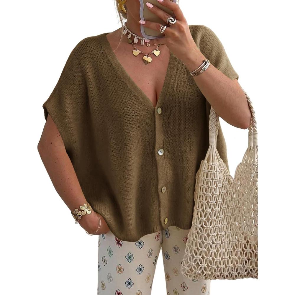 imageSaodimallsu Womens Fall Oversized Cardigans Batwing Short Sleeve Lightweight Button V Neck Casual Knit Sweater TopsCoffee