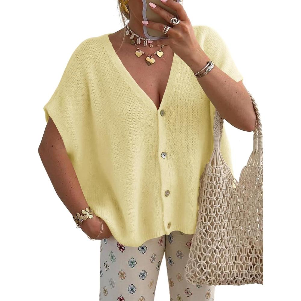 imageSaodimallsu Womens Fall Oversized Cardigans Batwing Short Sleeve Lightweight Button V Neck Casual Knit Sweater TopsYellow
