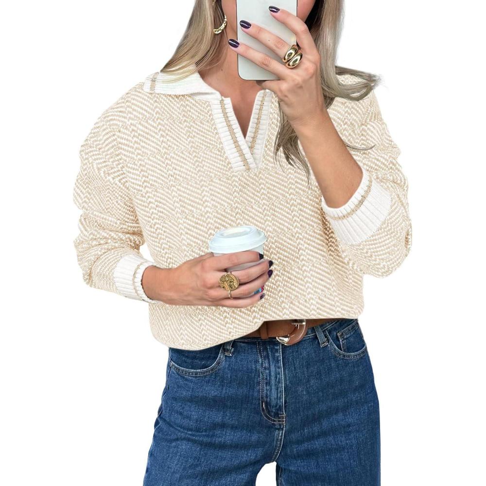 imageSaodimallsu Womens Fall Sweaters Tops Lapel V Neck Knit Sweater Color Block Long Sleeve Casual Soft Pullover ShirtApricot