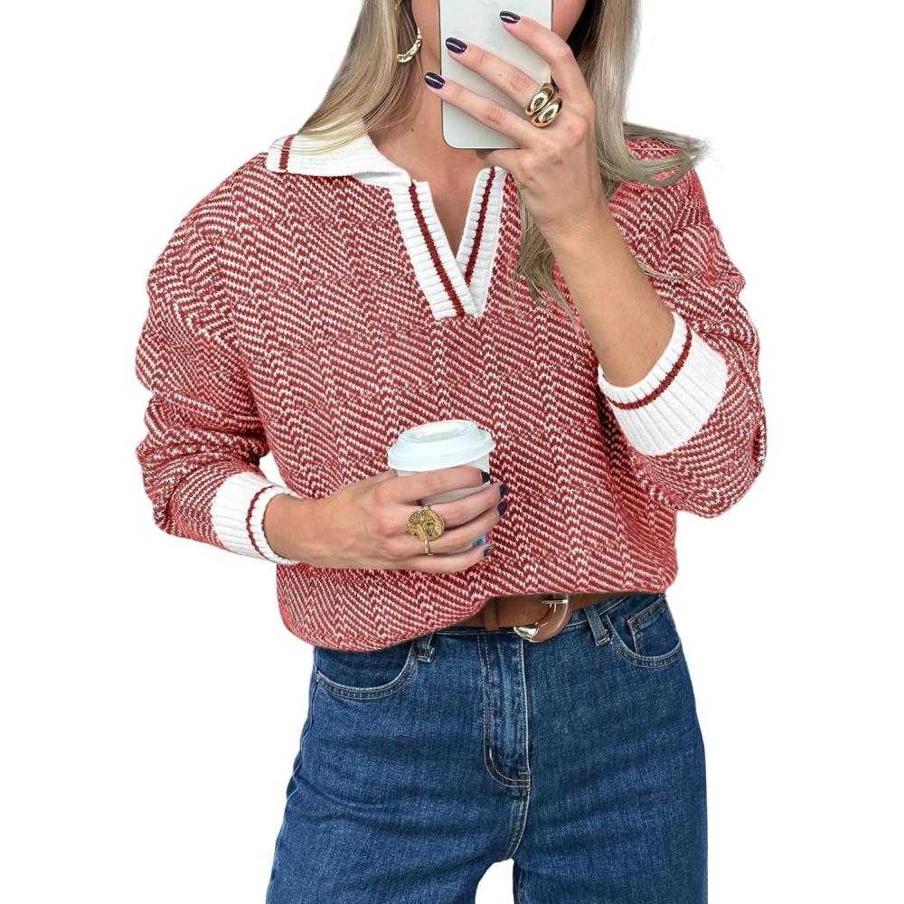 imageSaodimallsu Womens Fall Sweaters Tops Lapel V Neck Knit Sweater Color Block Long Sleeve Casual Soft Pullover ShirtBrick Red