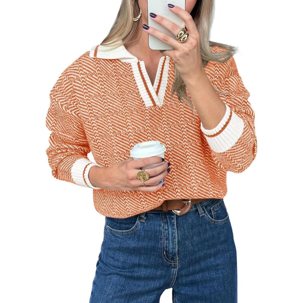 imageSaodimallsu Womens Fall Sweaters Tops Lapel V Neck Knit Sweater Color Block Long Sleeve Casual Soft Pullover ShirtOrange