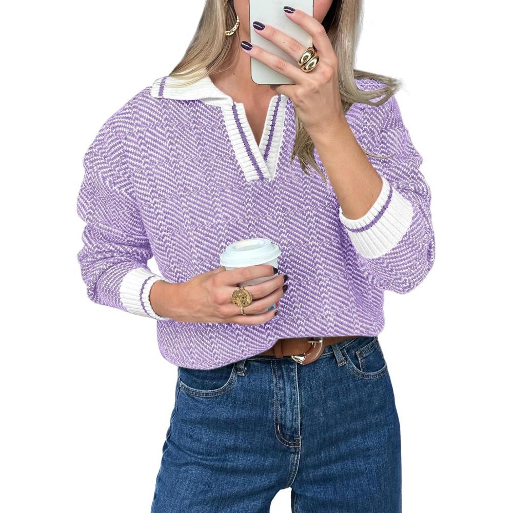 imageSaodimallsu Womens Fall Sweaters Tops Lapel V Neck Knit Sweater Color Block Long Sleeve Casual Soft Pullover ShirtPurple
