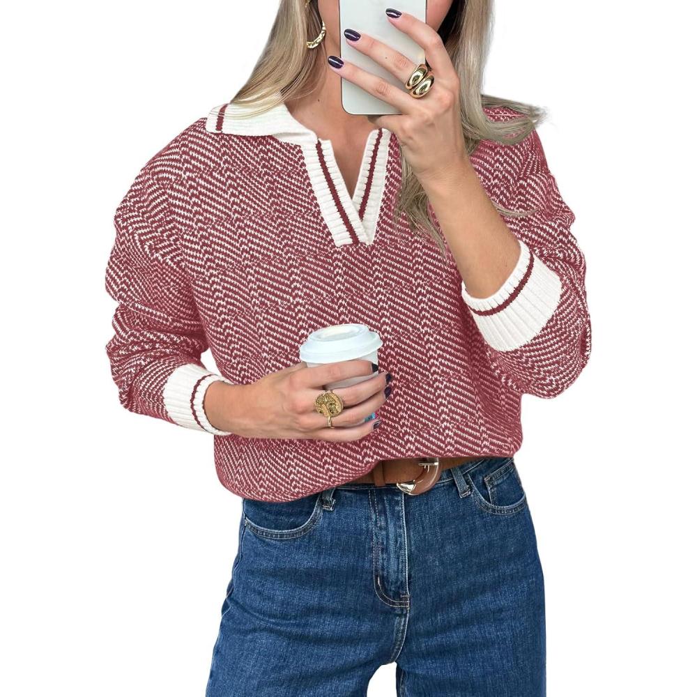 imageSaodimallsu Womens Fall Sweaters Tops Lapel V Neck Knit Sweater Color Block Long Sleeve Casual Soft Pullover ShirtRed