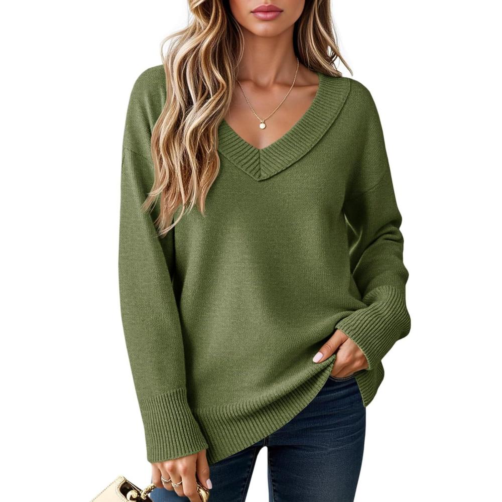 imageSaodimallsu Womens Fall Tunic Sweaters Long Sleeve Chunky Knit V Neck Casual Loose Fit Pullover TopsArmy Green