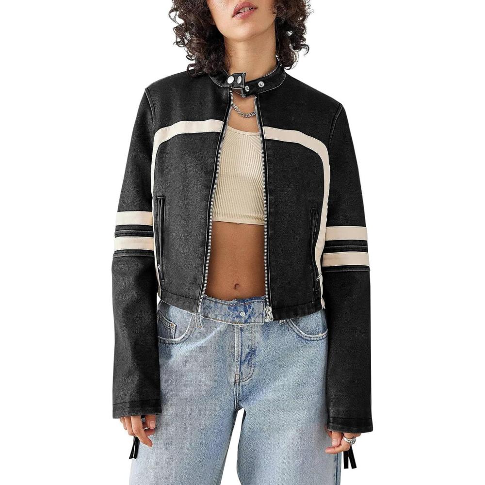 imageSaodimallsu Womens Faux Leather Jackets Zip Up Stand Collar Cropped Motocross PU CoatsBlack