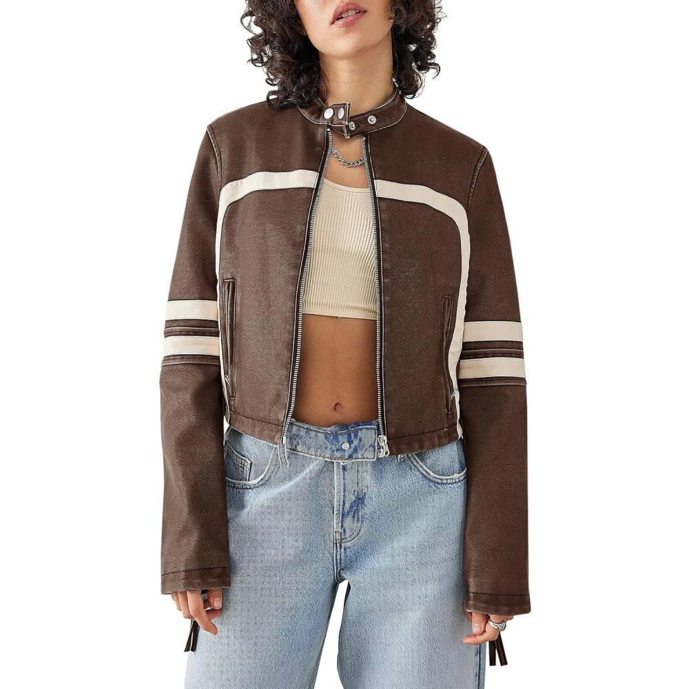 imageSaodimallsu Womens Faux Leather Jackets Zip Up Stand Collar Cropped Motocross PU CoatsBrown