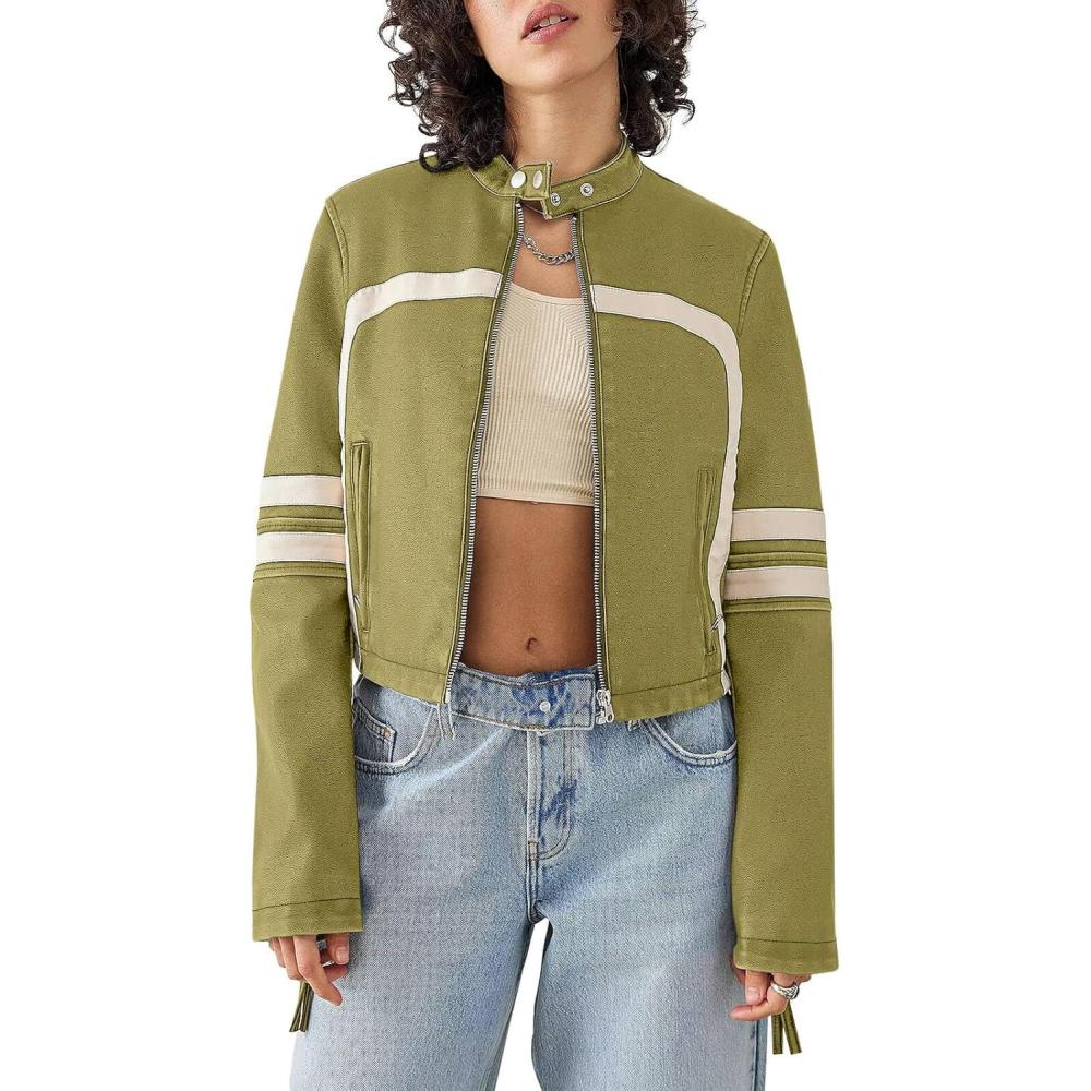 imageSaodimallsu Womens Faux Leather Jackets Zip Up Stand Collar Cropped Motocross PU CoatsGreen