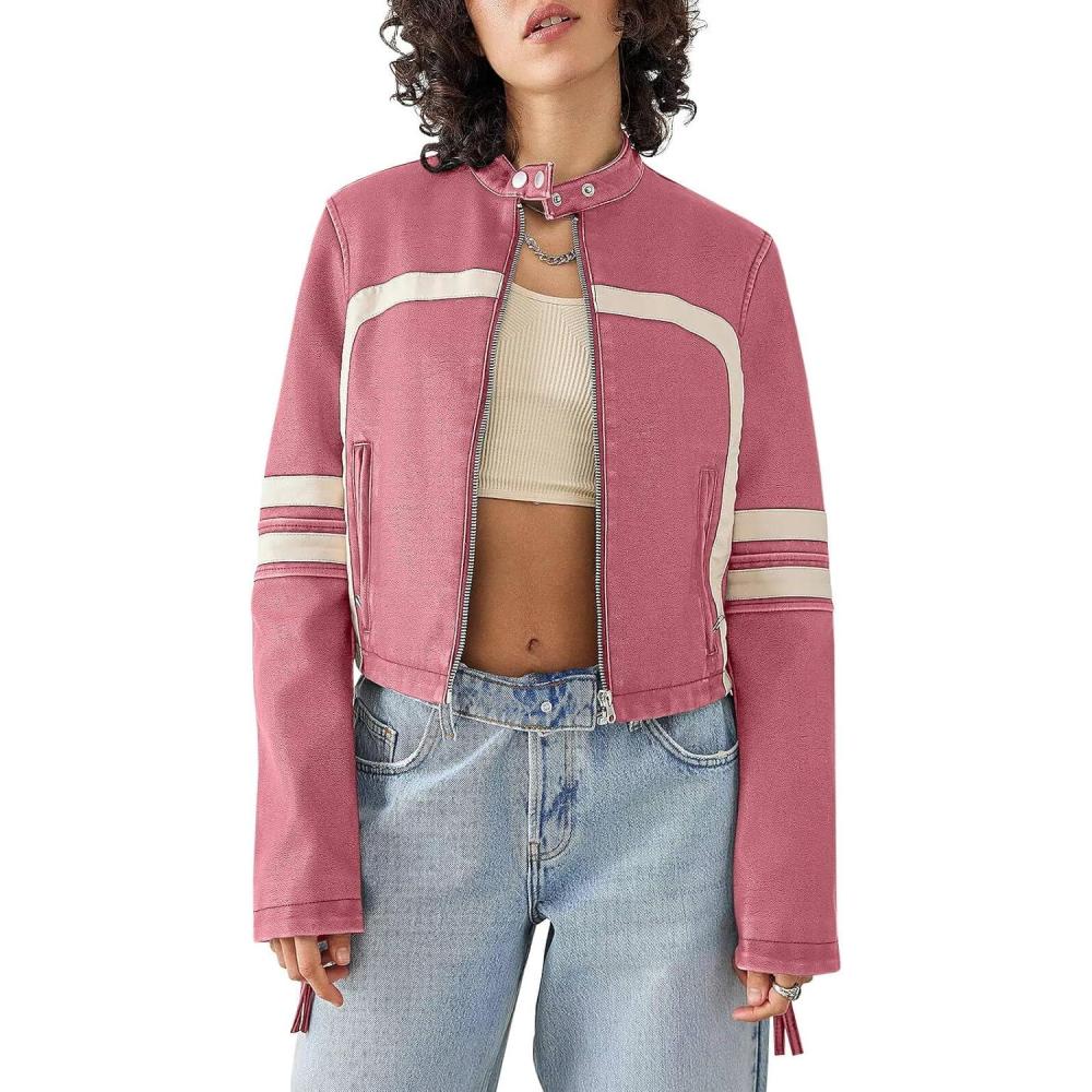 imageSaodimallsu Womens Faux Leather Jackets Zip Up Stand Collar Cropped Motocross PU CoatsPink