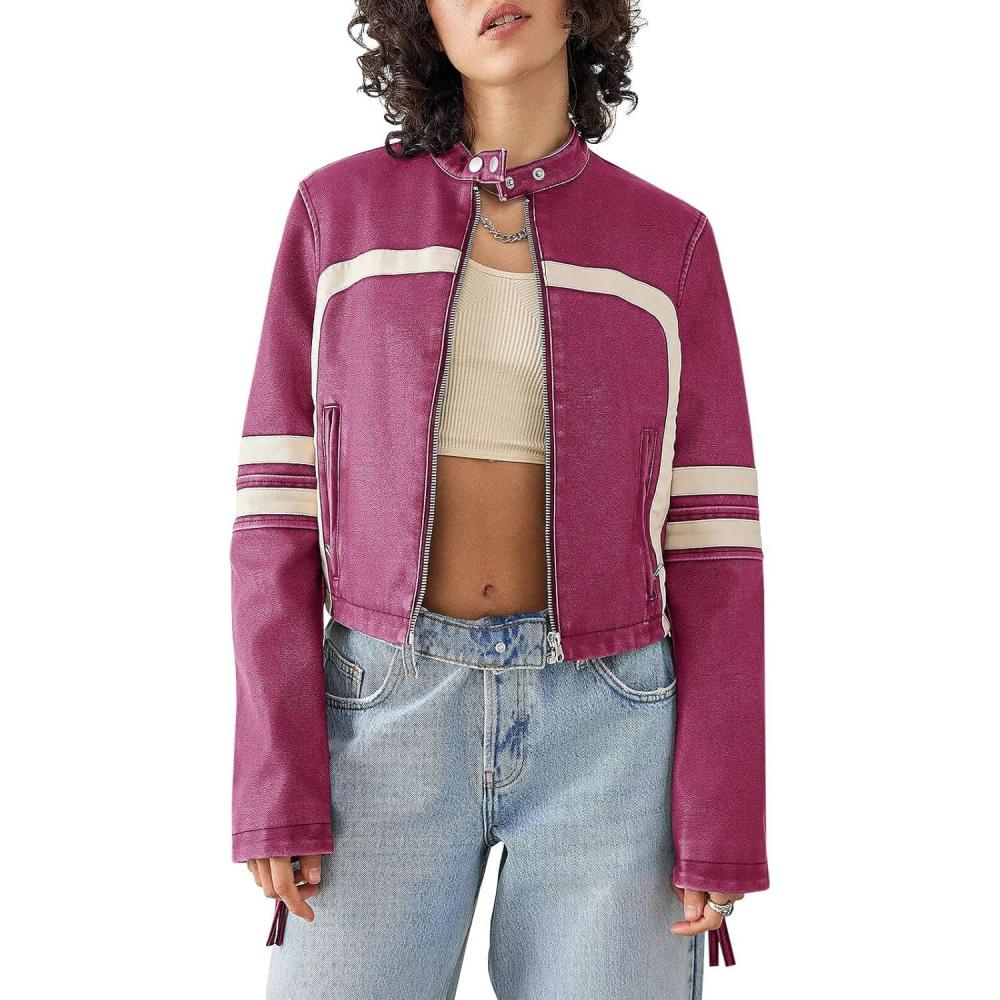 imageSaodimallsu Womens Faux Leather Jackets Zip Up Stand Collar Cropped Motocross PU CoatsPurple