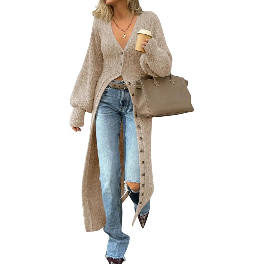 imageSaodimallsu Womens Long Cardigans V Neck Button Down Chunky Knit Dusters Sweater Coat Fall Trendy Maxi Sweater DressApricot