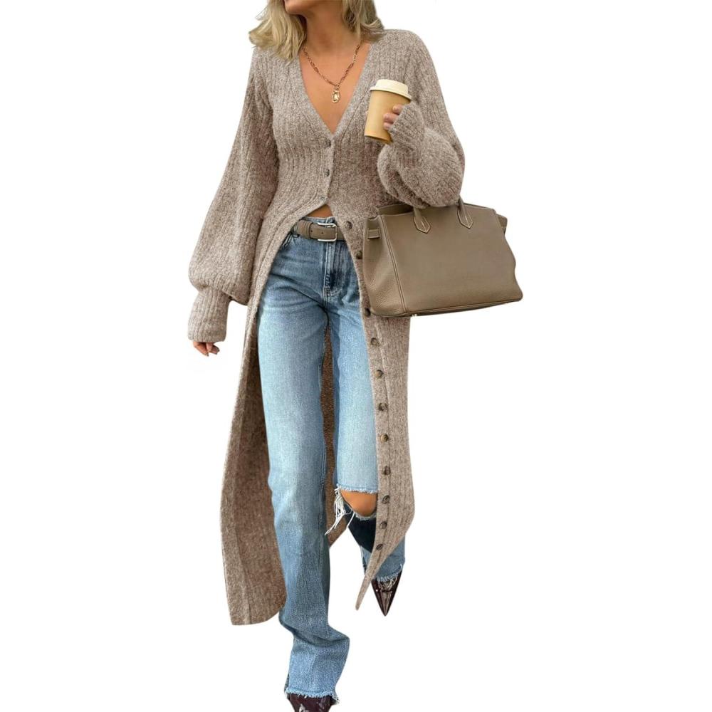 imageSaodimallsu Womens Long Cardigans V Neck Button Down Chunky Knit Dusters Sweater Coat Fall Trendy Maxi Sweater DressKhaki