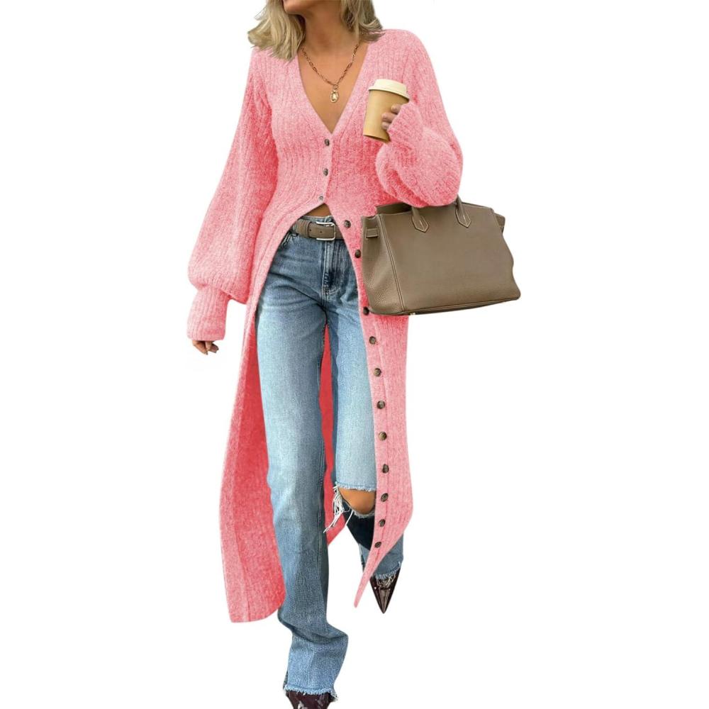 imageSaodimallsu Womens Long Cardigans V Neck Button Down Chunky Knit Dusters Sweater Coat Fall Trendy Maxi Sweater DressPink