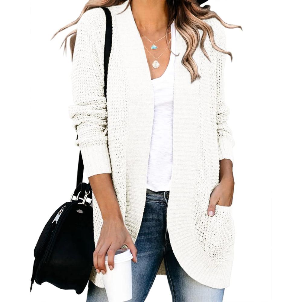 imageSaodimallsu Womens Loose Open Front Cardigan Long Sleeve Casual Lightweight Soft Knit Sweaters Coat with PocketsWhitecream