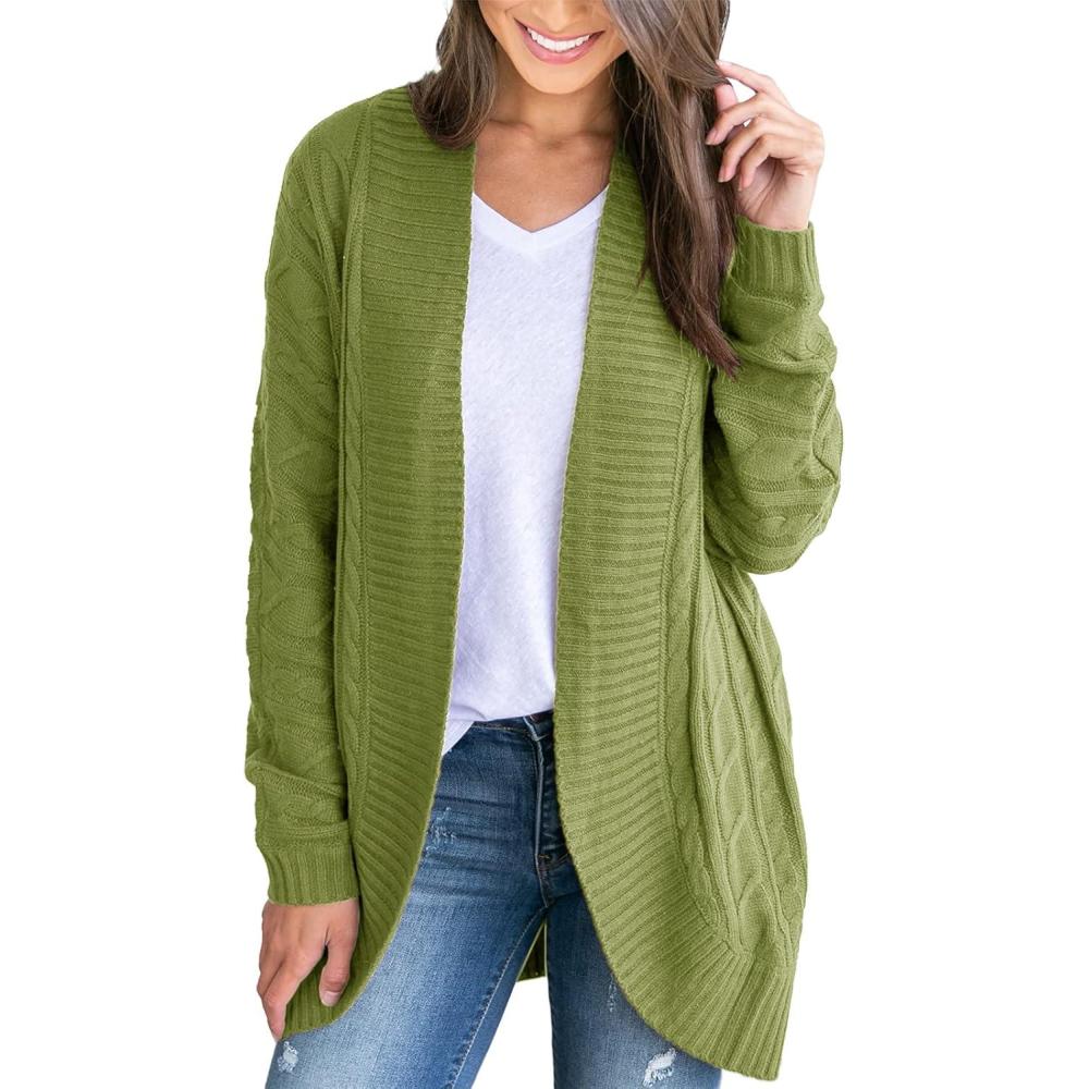 imageSaodimallsu Womens Loose Open Front Cardigan Long Sleeve Casual Lightweight Soft Knit Sweaters Coat with PocketsZ Cable Green