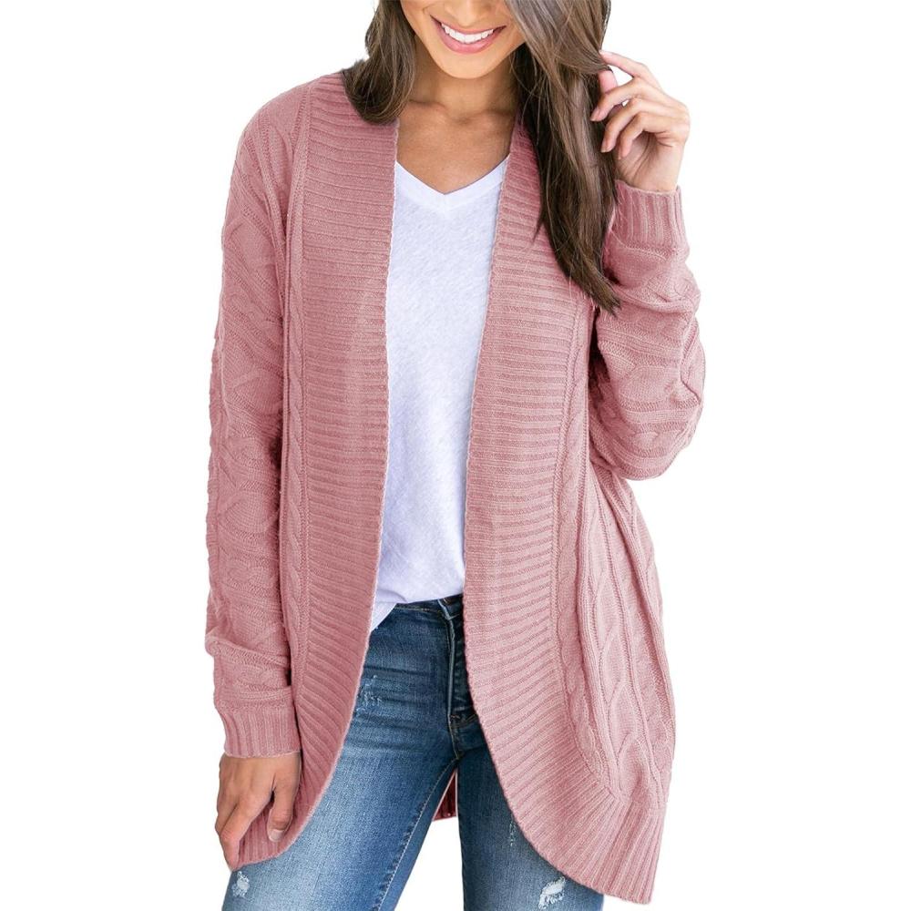 imageSaodimallsu Womens Loose Open Front Cardigan Long Sleeve Casual Lightweight Soft Knit Sweaters Coat with PocketsZ Cable Pink