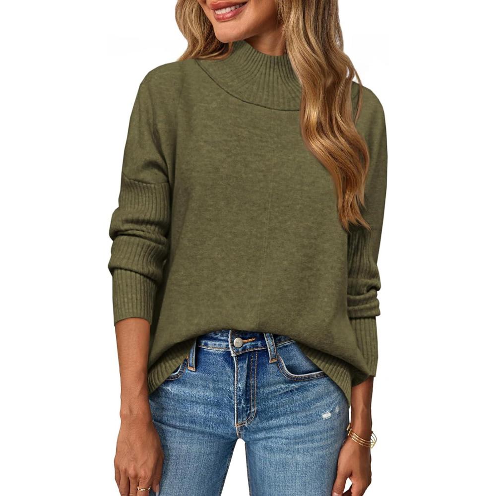 imageSaodimallsu Womens Mock Neck Sweater Tops Fall Long Sleeve Loose Casual Soft Knit Batwing Pullover SweatersArmy Green