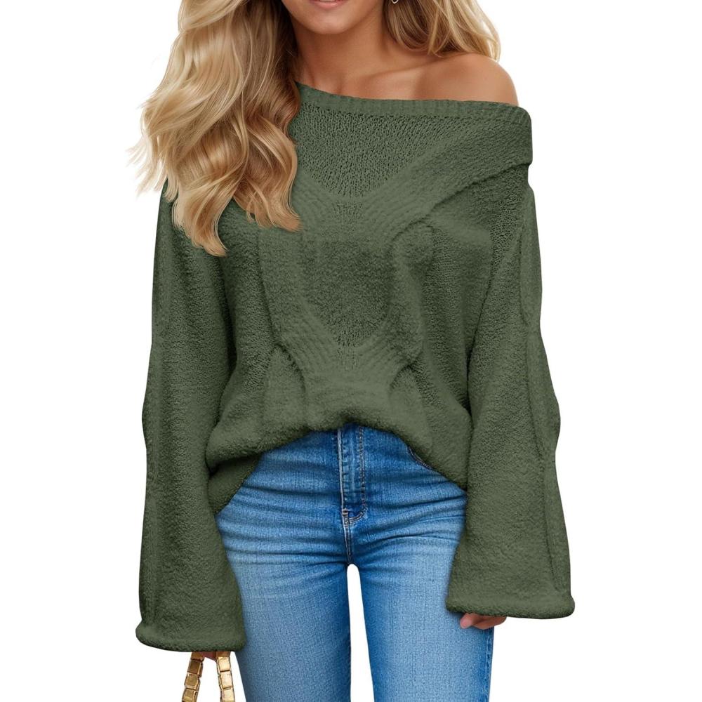 imageSaodimallsu Womens Off One Shoulder Sweaters Boat Neck Cable Knit Long Lantern Sleeve Loose Fall Trendy Pullover TopsArmy Green
