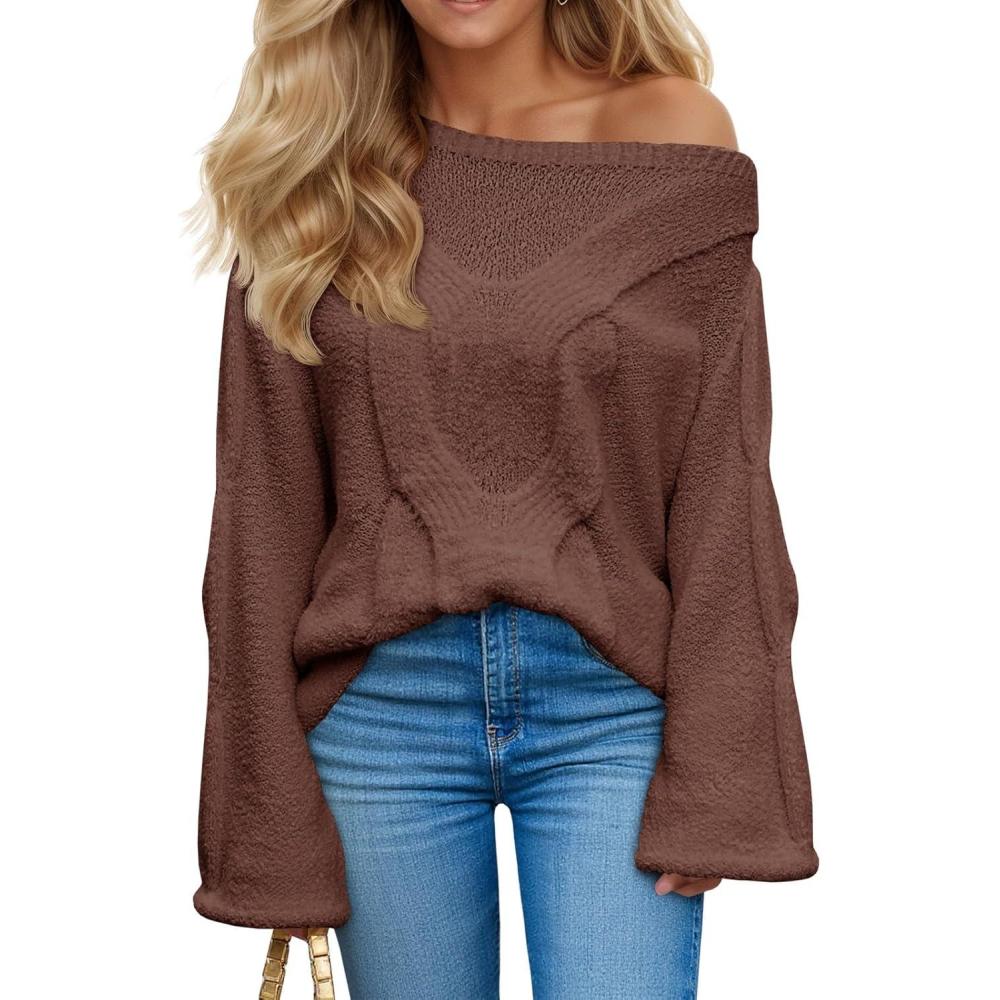 imageSaodimallsu Womens Off One Shoulder Sweaters Boat Neck Cable Knit Long Lantern Sleeve Loose Fall Trendy Pullover TopsCoffee