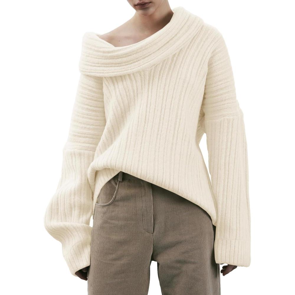 imageSaodimallsu Womens Off The Shoulder Sweater Top Oversized Fall Batwing Boat Neck Knit Sexy Casual PulloverBeige