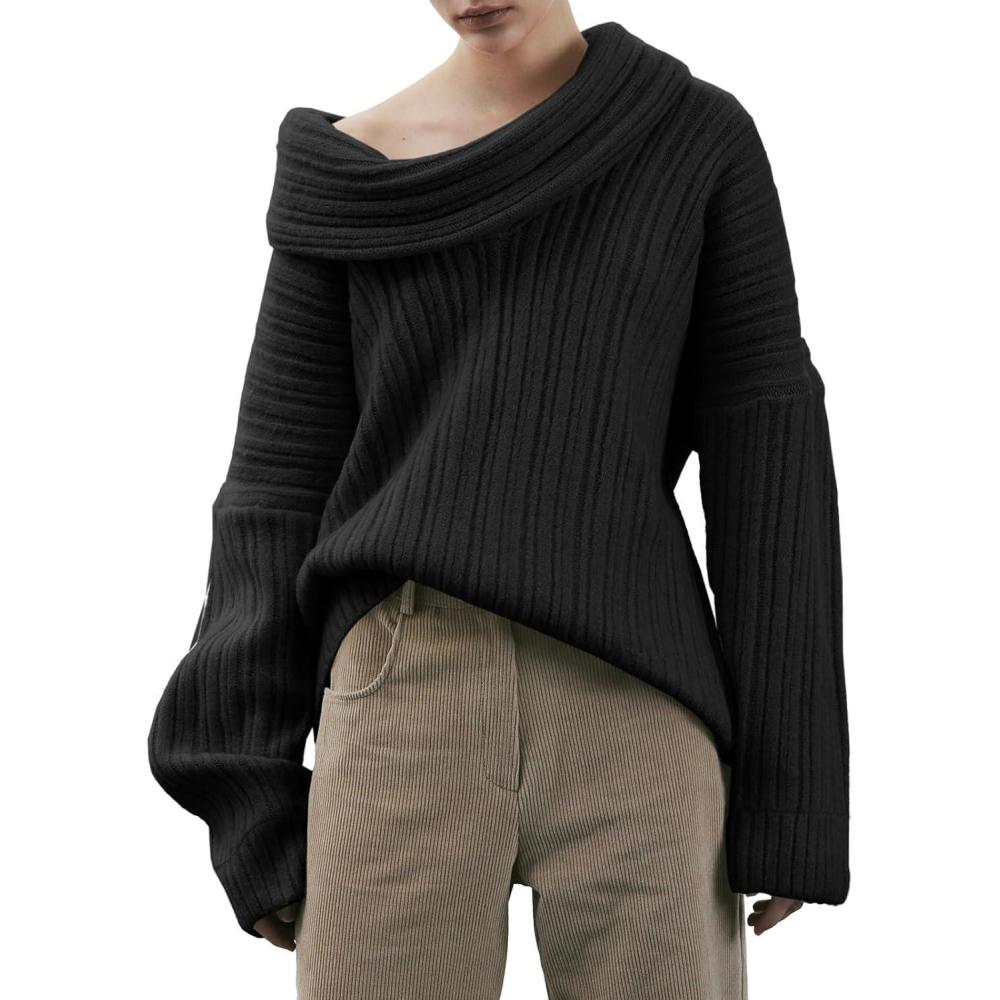imageSaodimallsu Womens Off The Shoulder Sweater Top Oversized Fall Batwing Boat Neck Knit Sexy Casual PulloverBlack